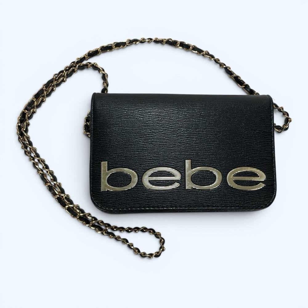 Bebe Black and Gold Crossbody Purse Chain Strap Magnetic Closure